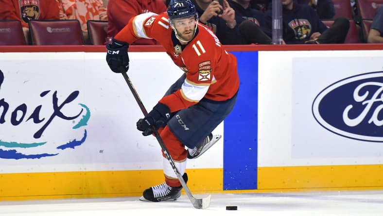 Apr 15, 2022; Sunrise, Florida, USA; Florida Panthers left wing Jonathan Huberdeau (11) crosses the blue line during the second period against the Winnipeg Jets at FLA Live Arena. Mandatory Credit: Jim Rassol-USA TODAY Sports