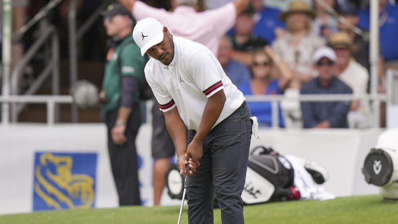 Apr 16, 2022; Hilton Head, South Carolina, USA; Harold Varner III putts during the third round of the RBC Heritage golf tournament. Mandatory Credit: David Yeazell-USA TODAY Sports