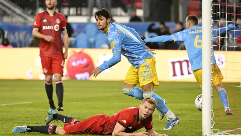 Apr 16, 2022; Toronto, Ontario, CAN;   Philadelphia Union forward Julian Carranza (9) celebrates after scoring against Toronto FC in the first half at BMO Field. Mandatory Credit: Dan Hamilton-USA TODAY Sports