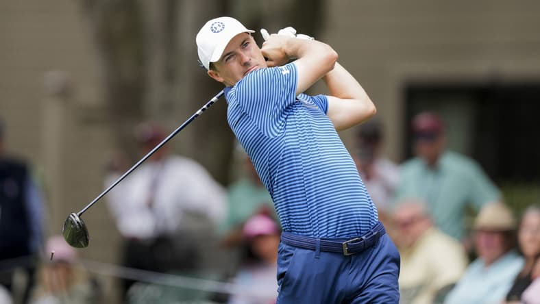 Apr 16, 2022; Hilton Head, South Carolina, USA; Jordan Spieth hits his tee shot during the third round of the RBC Heritage golf tournament. Mandatory Credit: David Yeazell-USA TODAY Sports