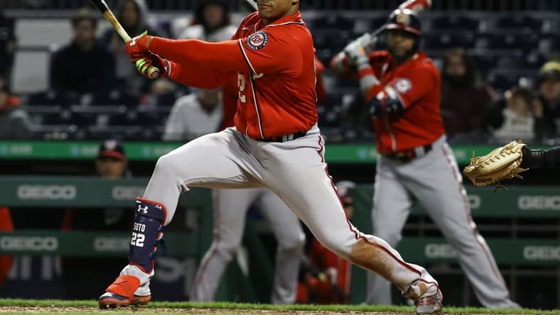 Apr 16, 2022; Pittsburgh, Pennsylvania, USA; Washington Nationals left fielder Juan Soto (22) hits a double against the Pittsburgh Pirates during the ninth inning at PNC Park. Pittsburgh won 6-4. Mandatory Credit: Charles LeClaire-USA TODAY Sports