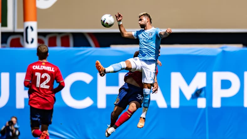 Apr 17, 2022; New York, New York, USA; New York City FC midfielder Valentin Castellanos (11) heads the ball against Real Salt Lake defender Marcelo Silva (30) during the first half at Yankee Stadium. Mandatory Credit: John Jones-USA TODAY Sports