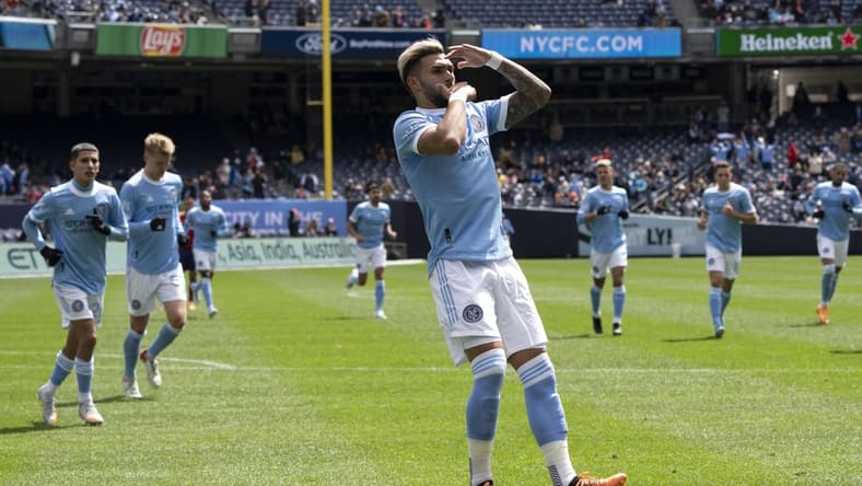 Apr 17, 2022; New York, New York, USA; New York City FC forward Valentin Castellanos (11) reacts to scoring a goal against the Real Salt Lake during the first half at Yankee Stadium. Mandatory Credit: Gregory Fisher-USA TODAY Sports