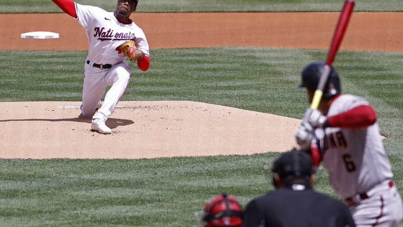 Apr 19, 2022; Washington, District of Columbia, USA; Washington Nationals starting pitcher Josiah Gray (40) pitches against Arizona Diamondbacks left fielder David Peralta (6) during the first inning at Nationals Park. Mandatory Credit: Geoff Burke-USA TODAY Sports