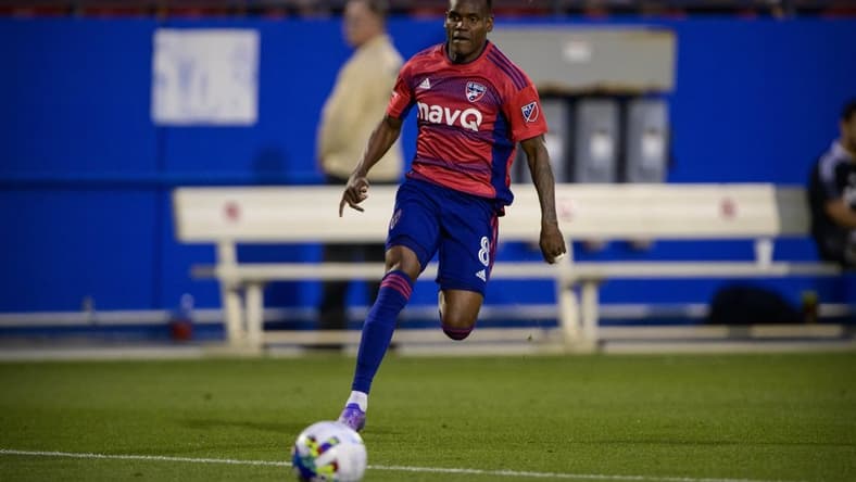 Apr 19, 2022; Frisco, Texas, USA; FC Dallas forward Jader Obrian (8) chases the ball during the first half against the Tulsa Roughnecks FC at Toyota Stadium. Mandatory Credit: Jerome Miron-USA TODAY Sports