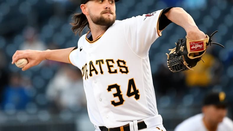 Apr 14, 2022; Pittsburgh, Pennsylvania, USA;  Pittsburgh Pirates starting pitcher JT Brubaker (34) throws a pitch in the first inning against the Washington Nationals at PNC Park. Mandatory Credit: Philip G. Pavely-USA TODAY Sports