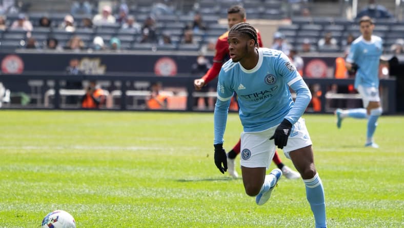 Apr 17, 2022; New York, New York, USA;New York City FC defender Tayvon Gray (24) chases the ball against the Real Salt Lake during the second half at Yankee Stadium. Mandatory Credit: Gregory Fisher-USA TODAY Sports