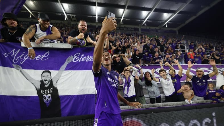 Apr 20, 2022; Orlando, Florida, USA;  Orlando City defender Thomas Williams (68) celebrates after beating the Tampa Bay Rowdies in a US Open Cup match at Exploria Stadium. Mandatory Credit: Nathan Ray Seebeck-USA TODAY Sports