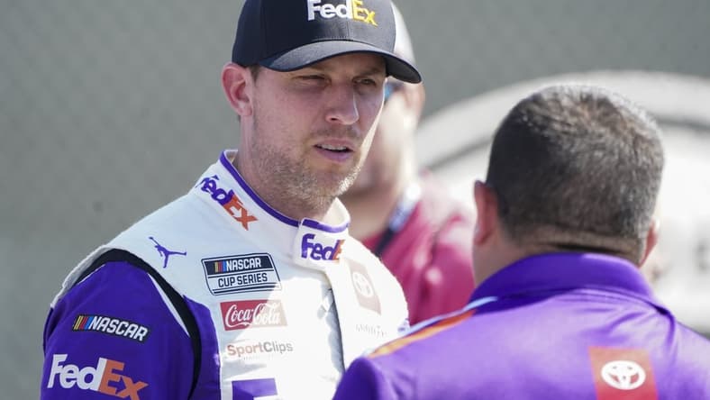 Apr 23, 2022; Talladega, Alabama, USA; NASCAR Cup Series driver Denny Hamlin (11) during qualifying for the GEICO 500 at Talladega Superspeedway. Mandatory Credit: Marvin Gentry-USA TODAY Sports