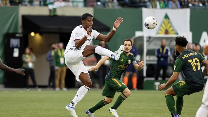 Apr 23, 2022; Portland, Oregon, USA; Real Salt Lake forward Sergio Cordova (10) clears the ball during the first half against the Portland Timbers at Providence Park. Mandatory Credit: Soobum Im-USA TODAY Sports