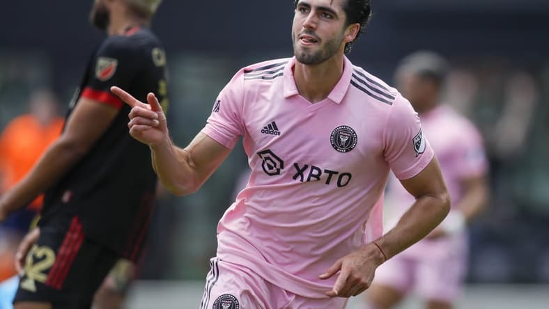 Apr 24, 2022; Fort Lauderdale, Florida, USA; Inter Miami CF forward Leonardo Campana (9) celebrates after scoring in the first half against Atlanta United at DRV PNK Stadium. Mandatory Credit: Sam Navarro-USA TODAY Sports