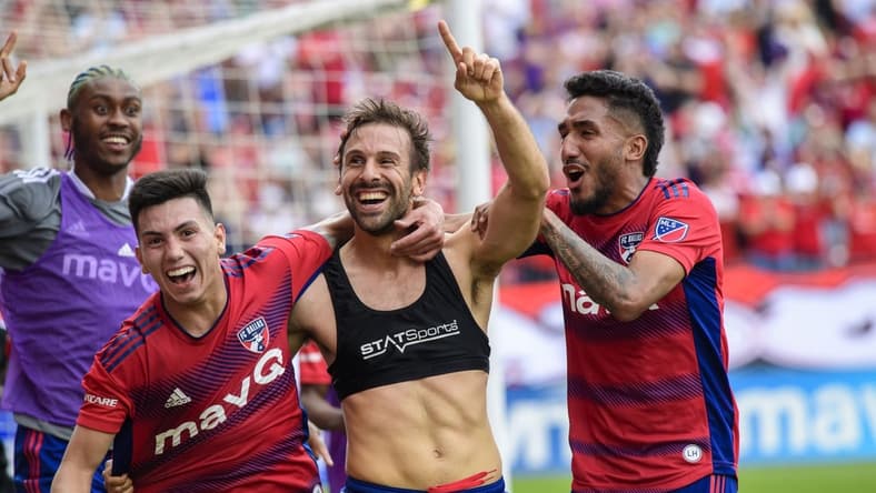 Apr 23, 2022; Frisco, Texas, USA; FC Dallas forward Alan Velasco (20) and midfielder Facundo Quignon (5) and forward Jesus Ferreira (10) and defender Nkosi Tafari (17) celebrates FC Dallas scoring a goal against the Houston Dynamo during the game at Toyota Stadium. Mandatory Credit: Jerome Miron-USA TODAY Sports