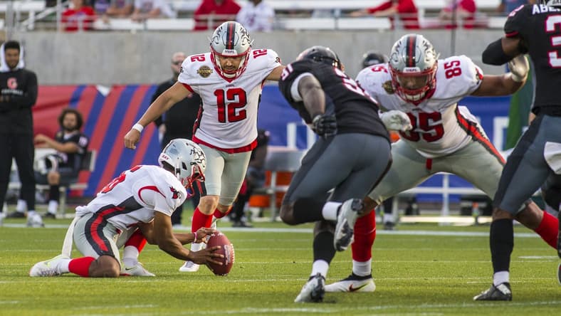 Apr 30, 2022; Birmingham, AL, USA; Tampa Bay Bandits kicker Tyler Rausa (12) kicks the game winning field goal against the Houston Gamblers with 14 seconds left in the second half at Protective Stadium. Mandatory Credit: Vasha Hunt-USA TODAY Sports