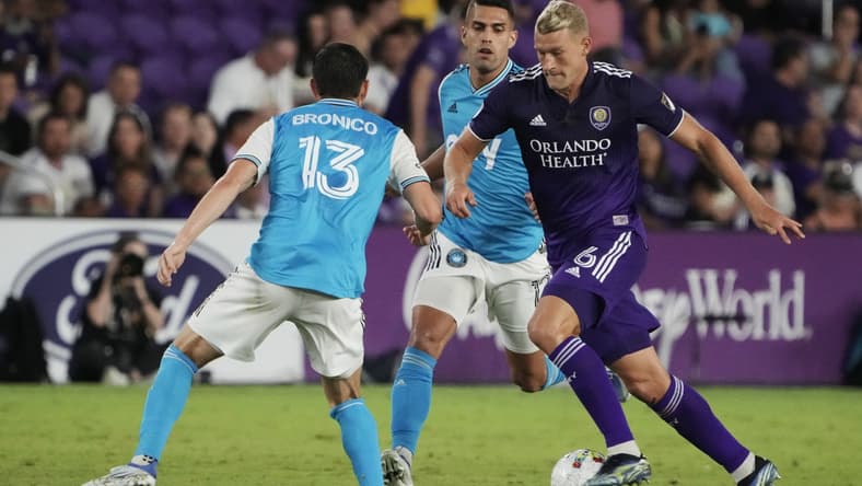 Apr 30, 2022; Orlando, Florida, USA; Orlando City defender Robin Jansson (6) controls the ball against Charlotte FC midfielder Brandt Bronico (13) during the second half at Exploria Stadium. Mandatory Credit: Kirby Lee-USA TODAY Sports
