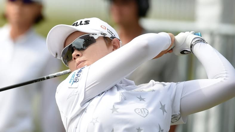 May 31, 2019; Charleston, SC, USA; Eun-Hee Ji tees off on the 18th hole during the second round of the U.S. Women's Open golf tournament at Country Club of Charleston. Mandatory Credit: John David Mercer-USA TODAY Sports