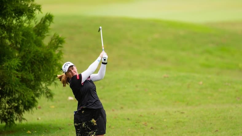 Aug 30, 2020; Rogers, AR, USA; Gemma Dryburgh hits from the rough on the ninth hole during the final round of the Walmart NW Arkansas Championship golf tournament at Pinnacle Country Club. Mandatory Credit: Gunnar Rathbun-USA TODAY Sports