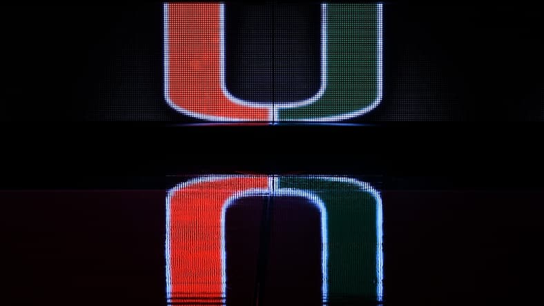 Dec 8, 2020; Coral Gables, Florida, USA; A general view of a reflection of the Miami Hurricanes school logo on the scorers table prior to the game between the Miami Hurricanes and the Purdue Boilermakers at Watsco Center. Mandatory Credit: Jasen Vinlove-USA TODAY Sports