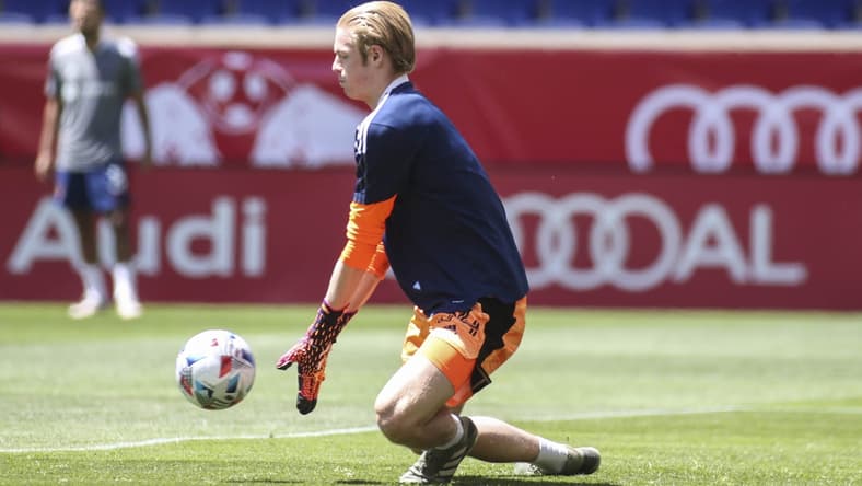 May 1, 2021; Harrison, New Jersey, USA; Chicago Fire goalkeeper Chris Brady (34) during warmups prior to the match against the New York Red Bulls at Red Bull Arena. Mandatory Credit: Wendell Cruz-USA TODAY Sports