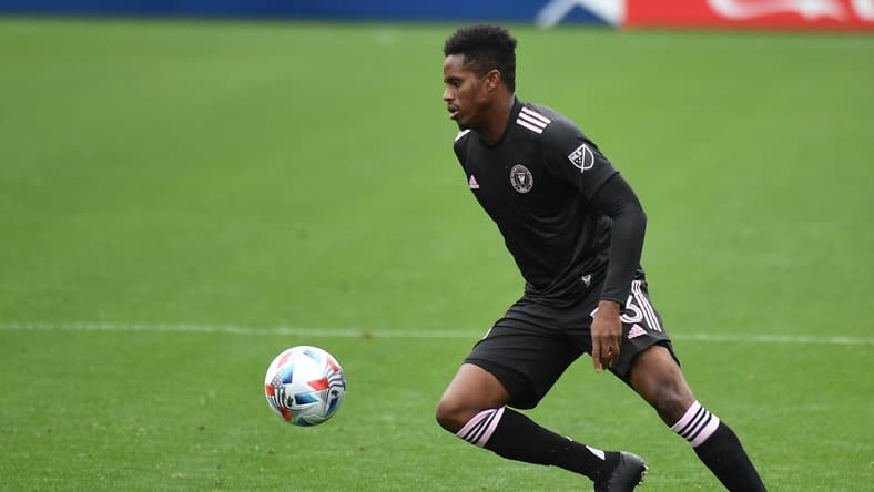 May 2, 2021; Nashville, TN, USA; Inter Miami defender Joevin Jones (33) handles the ball during the first half against the Nashville SC at Nissan Stadium. Mandatory Credit: Christopher Hanewinckel-USA TODAY Sports