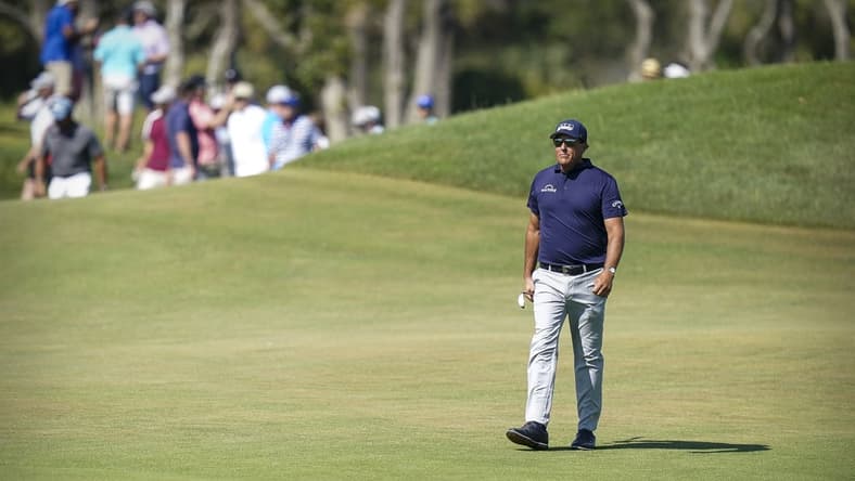 May 23, 2021; Kiawah Island, South Carolina, USA; Phil Mickelson walks the fairway on the 9th hole during the final round of the PGA Championship golf tournament. Mandatory Credit: David Yeazell-USA TODAY Sports