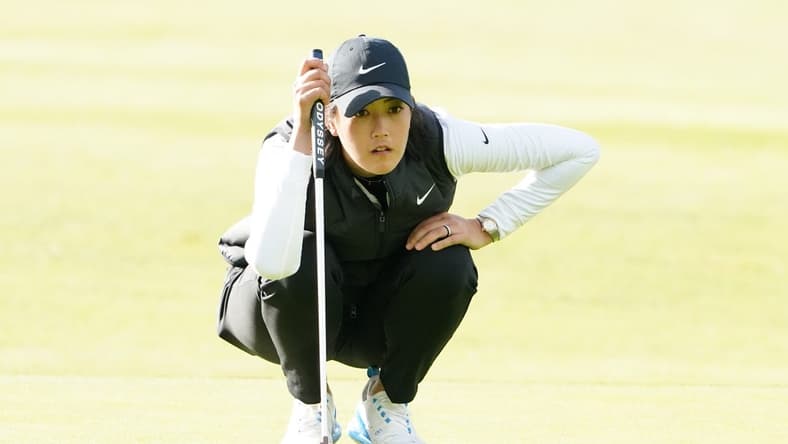 June 11, 2021; Daly City, California, USA; Michelle Wie West lines up her putt on the 10th hole during the second round of the LPGA MEDIHEAL Championship golf tournament at Lake Merced Golf Club. Mandatory Credit: Kyle Terada-USA TODAY Sports