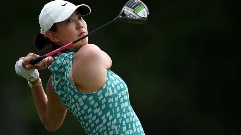 Jun 24, 2021; John's Creek, Georgia, USA; Michelle Wie West plays her shot from the 18th tee during the first round of the KPMG Women's PGA Championship golf tournament at the Atlanta Athletic Club. Mandatory Credit: Adam Hagy-USA TODAY Sports