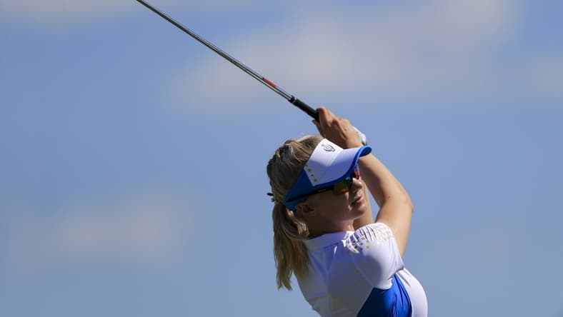 Sep 6, 2021; Toledo, Ohio, USA; Madelene Sagstrom of Team Europe hits her tee shot on the second hole during competition rounds of the Solheim Cup golf tournament at Inverness Club. Mandatory Credit: Aaron Doster-USA TODAY Sports