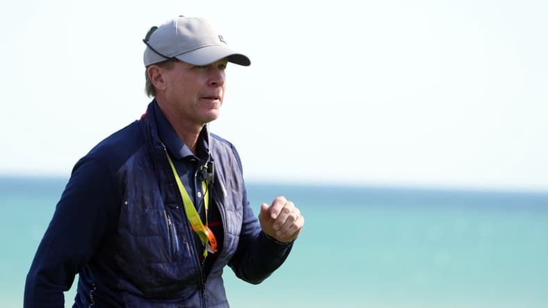 Sep 24, 2021; Haven, Wisconsin, USA; Team USA captain Steve Stricker watches over play on the sixth green during day one four-ball rounds for the 43rd Ryder Cup golf competition at Whistling Straits. Mandatory Credit: Kyle Terada-USA TODAY Sports