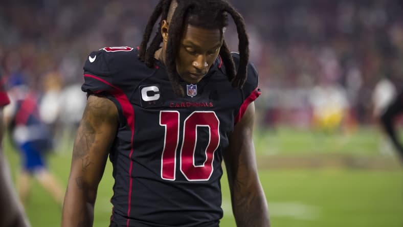 Oct 28, 2021; Glendale, Arizona, USA; Arizona Cardinals wide receiver DeAndre Hopkins (10) reacts against the Green Bay Packers at State Farm Stadium. Mandatory Credit: Mark J. Rebilas-USA TODAY Sports