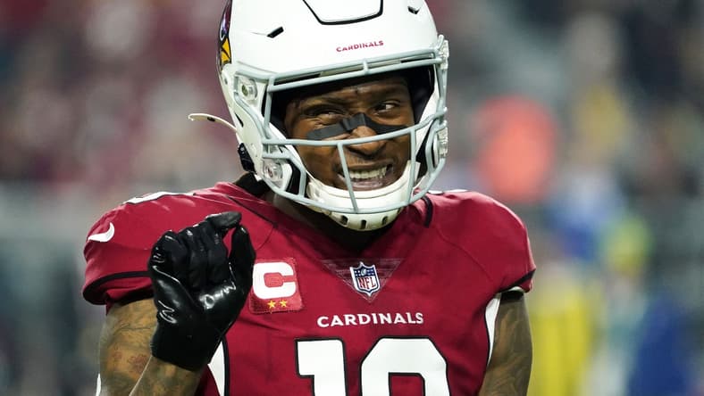 Dec 13, 2021; Glendale, Arizona, USA; Arizona Cardinals wide receiver DeAndre Hopkins (10) reacts to a penalty against the Los Angeles Rams at State Farm Stadium. Mandatory Credit: Rob Schumacher-Arizona Republic

Nfl Los Angeles Rams At Arizona Cardinals