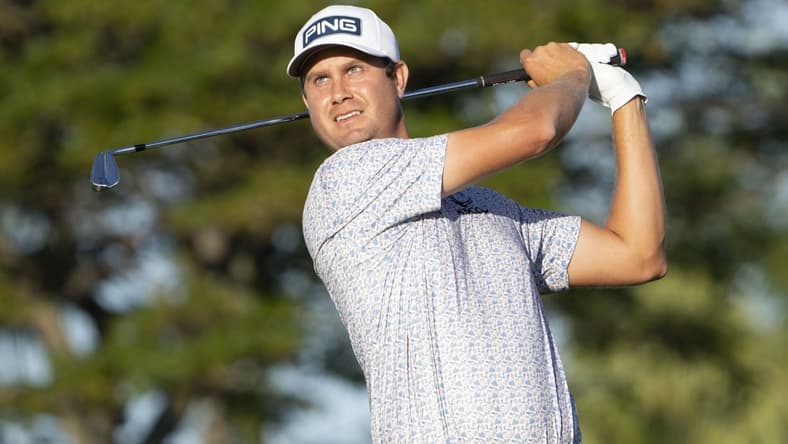 January 13, 2022; Honolulu, Hawaii, USA; Harris English hits his tee shot on the 11th hole during the first round of the Sony Open in Hawaii golf tournament at Waialae Country Club. Mandatory Credit: Kyle Terada-USA TODAY Sports