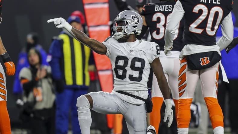 Jan 15, 2022; Cincinnati, Ohio, USA; Las Vegas Raiders wide receiver Bryan Edwards (89) reacts after moving the ball forward against the Cincinnati Bengals in the second half in an AFC Wild Card playoff football game at Paul Brown Stadium. Mandatory Credit: Katie Stratman-USA TODAY Sports