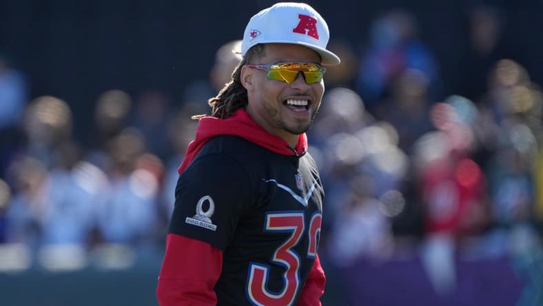 Feb 3, 2022; Las Vegas, NV, USA; Kansas City Chiefs safety Tyrann Mathieu (32) during AFC practice for the Pro Bowl at Las Vegas Ballpark.  Mandatory Credit: Kirby Lee-USA TODAY Sports