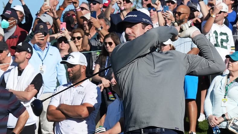 Feb 9, 2022; Scottsdale, AZ, USA; Green Bay Packers quarterback Aaron Rodgers hits from the 10th tee box during the WM Phoenix Open Annexus Pro-Am at TPC Scottsdale. Mandatory Credit: Cheryl Evans-USA TODAY NETWORK