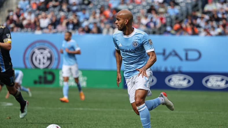 Mar 19, 2022; New York, New York, USA; New York City forward Heber (9) controls the ball against the Philadelphia Union during the second half at Yankee Stadium. Mandatory Credit: Vincent Carchietta-USA TODAY Sports
