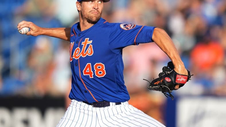 Mar 22, 2022; Port St. Lucie, Florida, USA; New York Mets starting pitcher Jacob deGrom (48) delivers a pitch in the first inning of the spring training game against the Houston Astros at Clover Park. Mandatory Credit: Jasen Vinlove-USA TODAY Sports