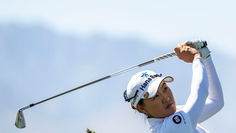 Minjee Lee of Australia tees off on hole eight during round two of the Chevron Championship at Mission Hills Country Club in Rancho Mirage, Calif., Friday, April 1, 2022.