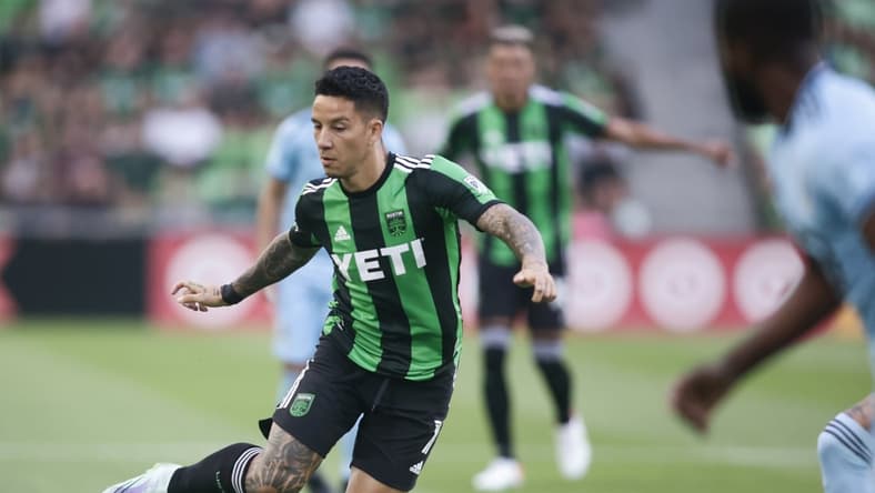 Apr 10, 2022; Austin, Texas, USA;  Austin FC forward Sebastian Driussi (7) plays the ball against the  Minnesota United FC in the first half at Q2 Stadium. Mandatory Credit: Erich Schlegel-USA TODAY Sports