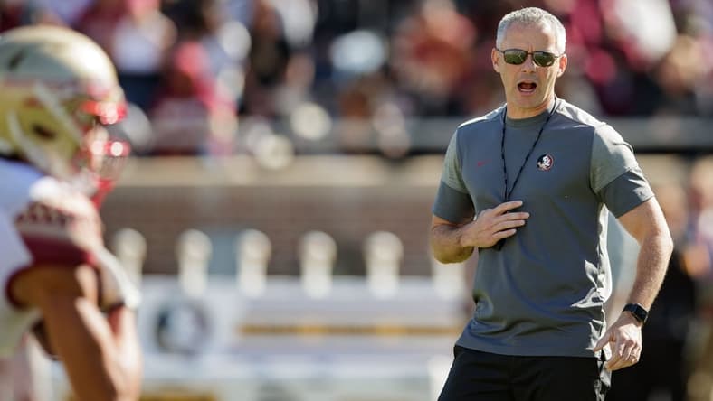 Florida State Seminoles head coach Mike Norvell conducts warm-ups in Doak Campbell Stadium before the Garnet and Gold spring game kickoff Saturday, April 9, 2022.

Fsu Spring Game155