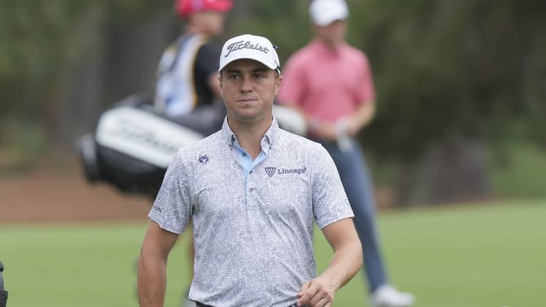 Apr 16, 2022; Hilton Head, South Carolina, USA; Justin Thomas walks to the fairway during the third round of the RBC Heritage golf tournament. Mandatory Credit: David Yeazell-USA TODAY Sports