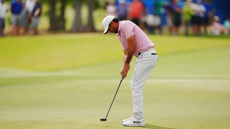 Apr 24, 2022; Avondale, Louisiana, USA; Jason Day putts on the 17th green during the final round of the Zurich Classic of New Orleans golf tournament. Mandatory Credit: Andrew Wevers-USA TODAY Sports