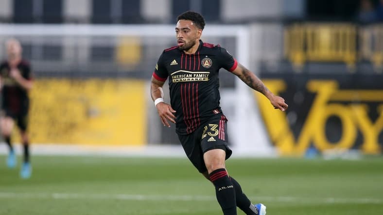 Apr 20, 2022; Kennesaw, Georgia, USA; Atlanta United midfielder Jake Mulraney (23) dribbles against Chattanooga FC in the first half at Fifth Third Bank Stadium. Mandatory Credit: Brett Davis-USA TODAY Sports