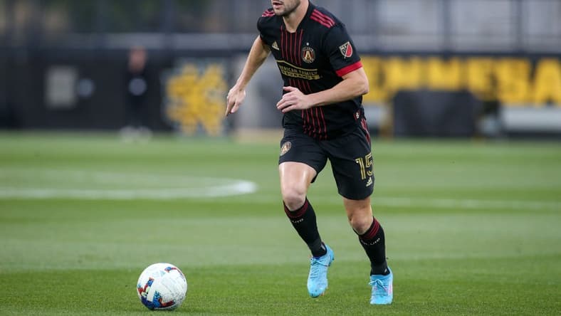 Apr 20, 2022; Kennesaw, Georgia, USA; Atlanta United defender Andrew Gutman (15) dribbles against Chattanooga FC in the first half at Fifth Third Bank Stadium. Mandatory Credit: Brett Davis-USA TODAY Sports