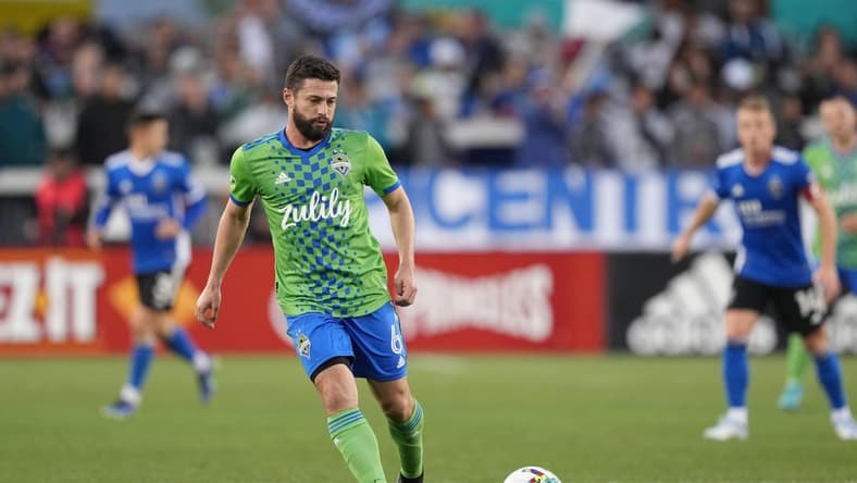 Apr 23, 2022; San Jose, California, USA; Seattle Sounders midfielder Joao Paulo (6) passes during the first half against the San Jose Earthquakes at PayPal Park. Mandatory Credit: Darren Yamashita-USA TODAY Sports