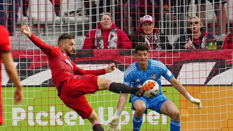 Apr 30, 2022; Toronto, Ontario, CAN; Toronto FC forward Jesus Jimenez (9) scores on FC Cincinnati goalkeeper Roman Celentano (18) during the second half at BMO Field. Mandatory Credit: John E. Sokolowski-USA TODAY Sports