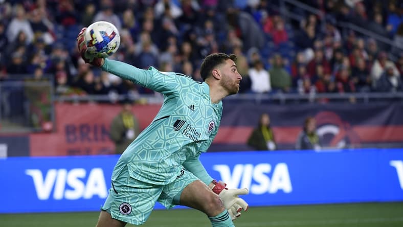 Apr 30, 2022; Foxborough, Massachusetts, USA; New England Revolution goalkeeper Matt Turner (30) passes the ball against Inter Miami during the first half at Gillette Stadium. Mandatory Credit: Bob DeChiara-USA TODAY Sports
