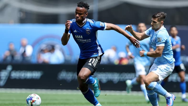 May 1, 2022; New York, New York, USA; San Jose Earthquakes forward Jeremy Ebobisse (11) plays the ball against New York City FC midfielder Nicolas Acevedo (26) during the first half at Yankee Stadium. Mandatory Credit: Brad Penner-USA TODAY Sports