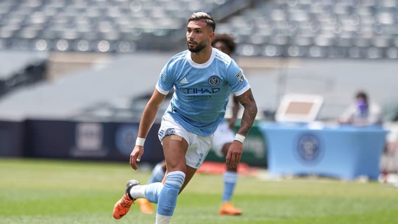 May 1, 2022; New York, New York, USA; New York City FC midfielder Valentin Castellanos (11) runs up field during the first half against the San Jose Earthquakes at Yankee Stadium. Mandatory Credit: Vincent Carchietta-USA TODAY Sports