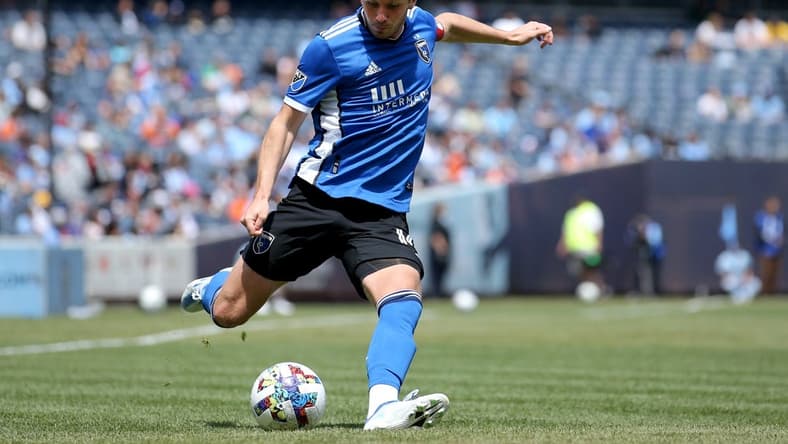May 1, 2022; New York, New York, USA; San Jose Earthquakes midfielder Jackson Yueill (14) kicks the ball against New York City FC during the first half at Yankee Stadium. Mandatory Credit: Brad Penner-USA TODAY Sports