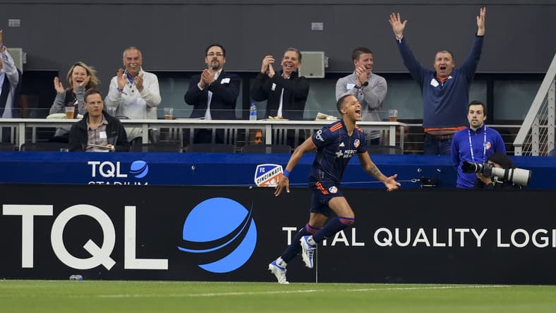 May 4, 2022; Cincinnati, Ohio, USA; FC Cincinnati forward Calvin Harris (12) celebrates scoring a goal against the Toronto FC in the first half at TQL Stadium. Mandatory Credit: Aaron Doster-USA TODAY Sports